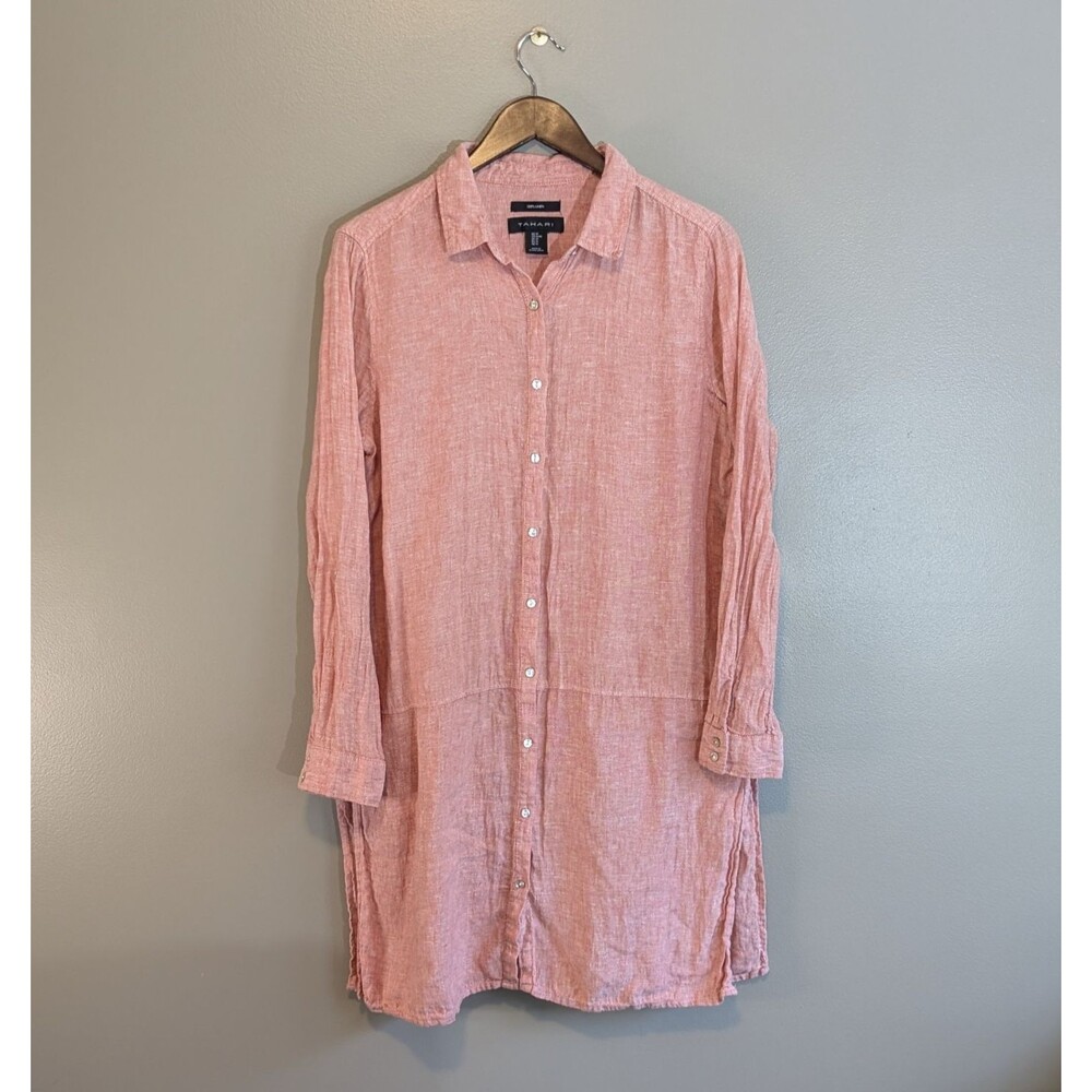 Tahari 100% Linen Shirt Dress Womens Medium M Coral Red Tunic Roll Tab Button Up